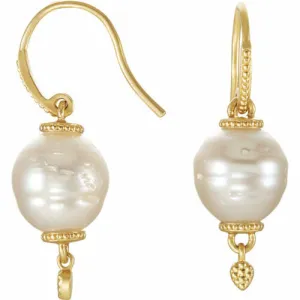 14KT Yellow Gold Paspaley South Sea Pearl Ornate Shepherd Hook Earrings