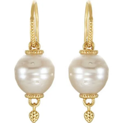 14KT Yellow Gold Paspaley South Sea Pearl Ornate Shepherd Hook Earrings