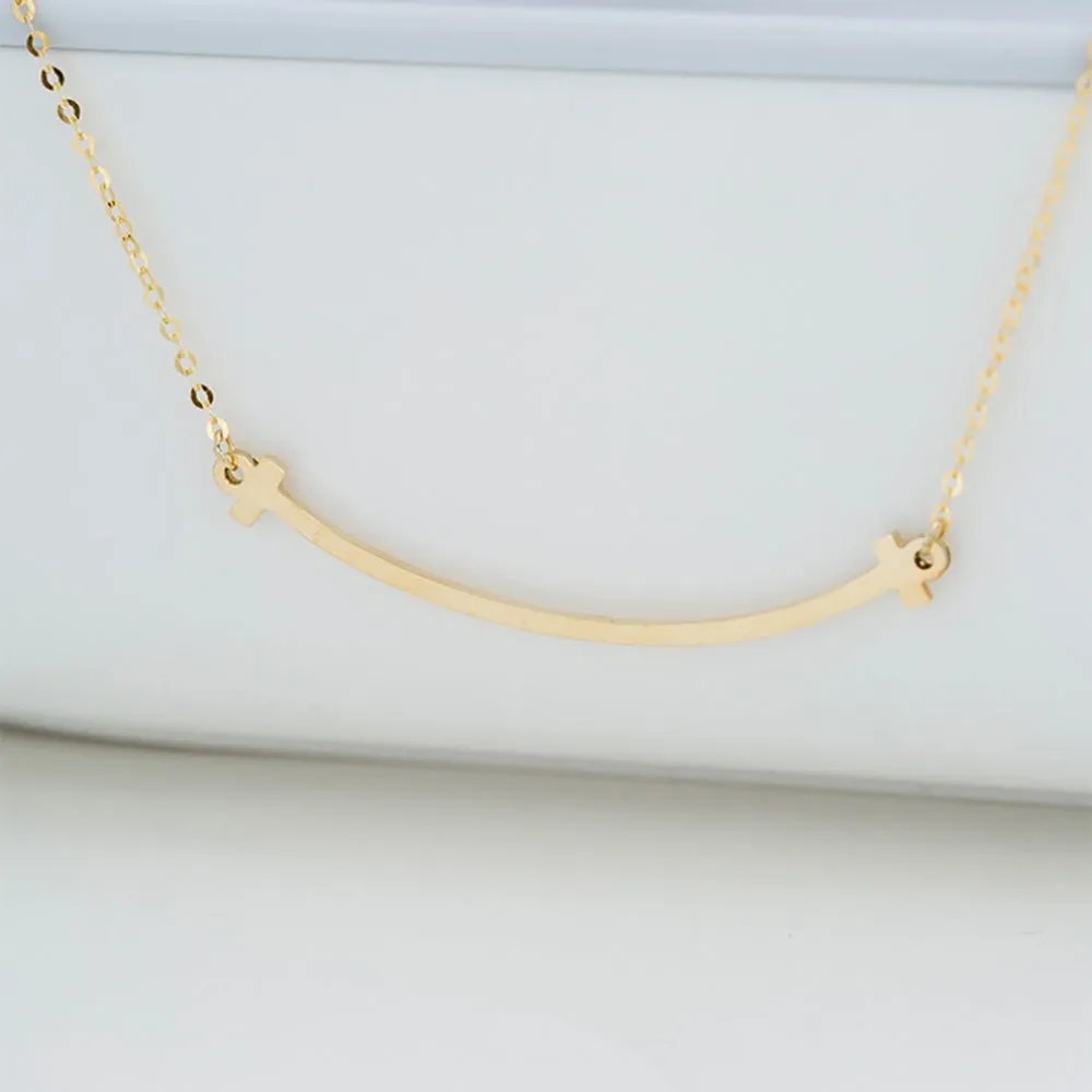 18K Solid Gold O Chain Bar Necklace Smile Beautiful Simple Jewelry Stamped Au750