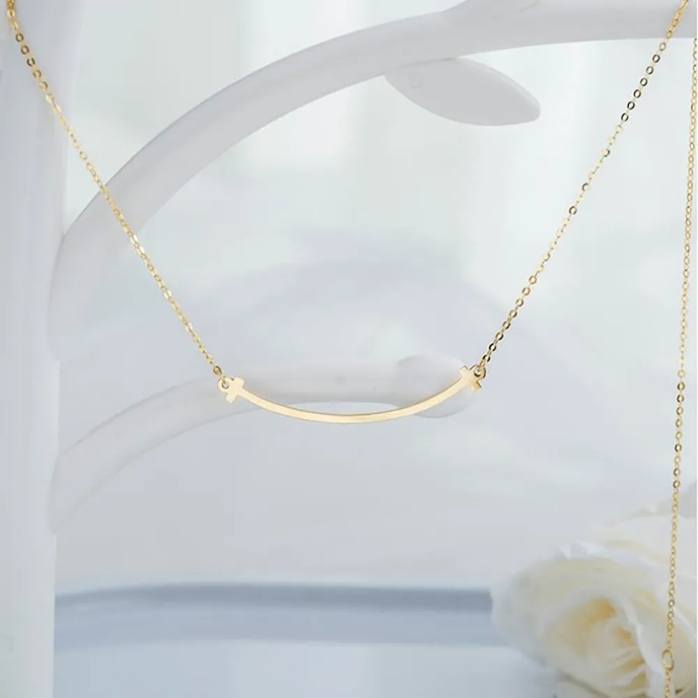 18K Solid Gold O Chain Bar Necklace Smile Beautiful Simple Jewelry Stamped Au750