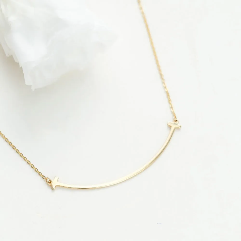 18K Solid Gold O Chain Bar Necklace Smile Beautiful Simple Jewelry Stamped Au750
