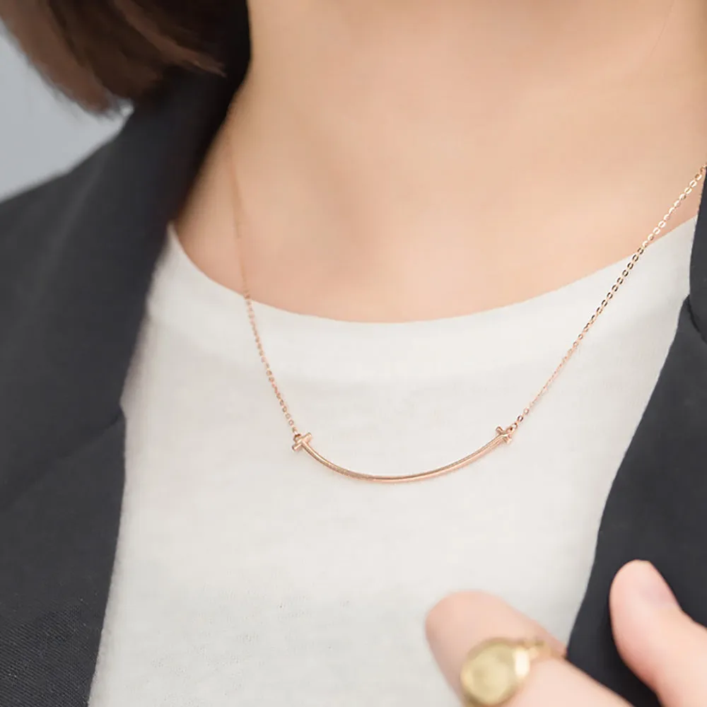 18K Solid Gold O Chain Bar Necklace Smile Beautiful Simple Jewelry Stamped Au750