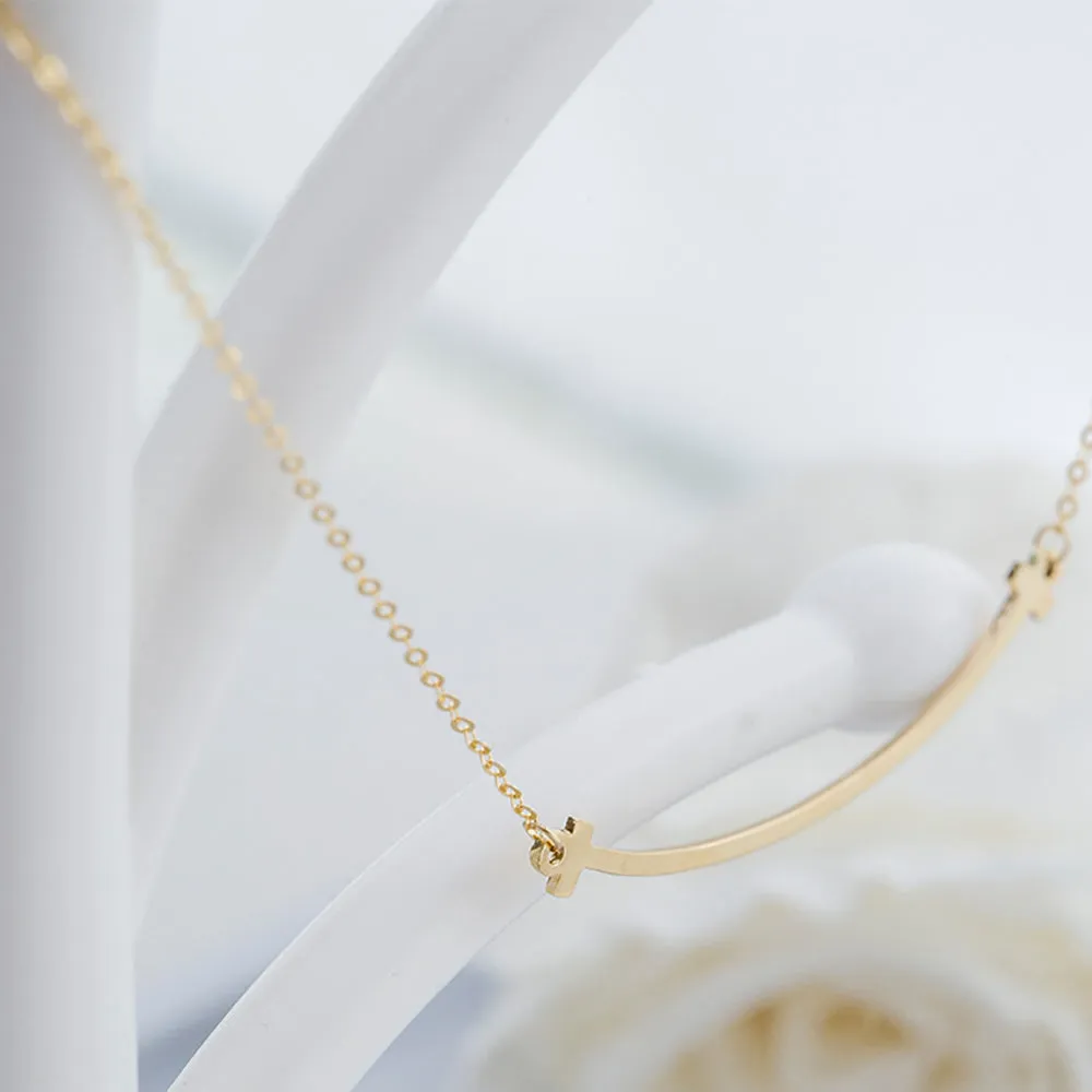 18K Solid Gold O Chain Bar Necklace Smile Beautiful Simple Jewelry Stamped Au750