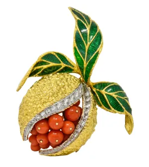 1960's Vintage Diamond Coral Enamel 18 Karat Gold Pomegranate Brooch