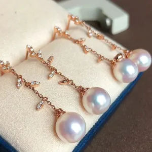 8.0-8.5 mm White Akoya Pearl & Diamond Dangle Twig Earrings