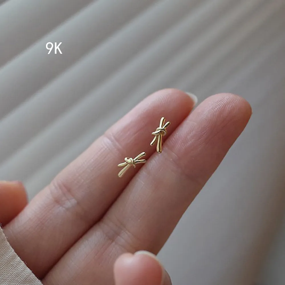 9K Solid Gold Ear Stud Earrings Bow Simple Beautiful Charm Jewelry
