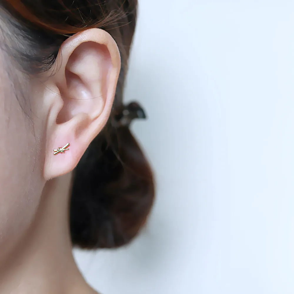 9K Solid Gold Ear Stud Earrings Bow Simple Beautiful Charm Jewelry