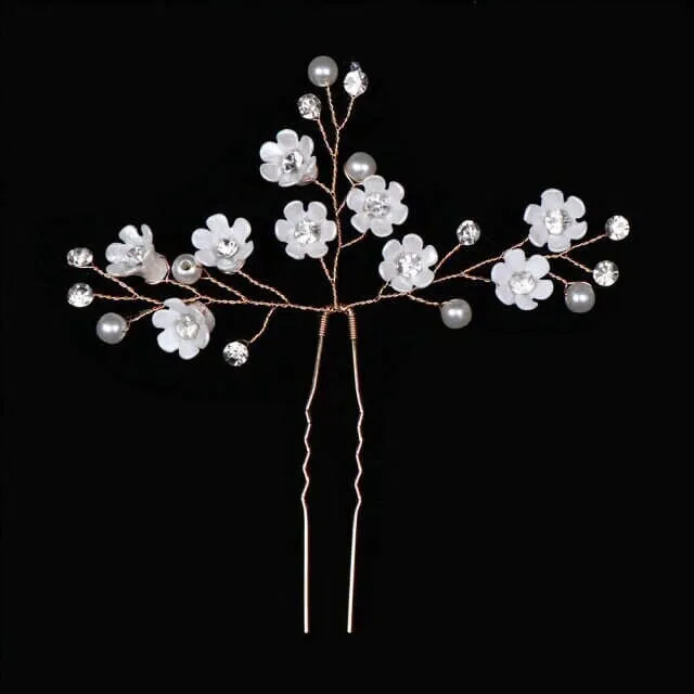 Abalone Like Flowers Large Gold Hairpin, Bridal Party Floral Hairpiece, Wedding Small Ivory Flower Hair Pin, Branch Wire Hairpin