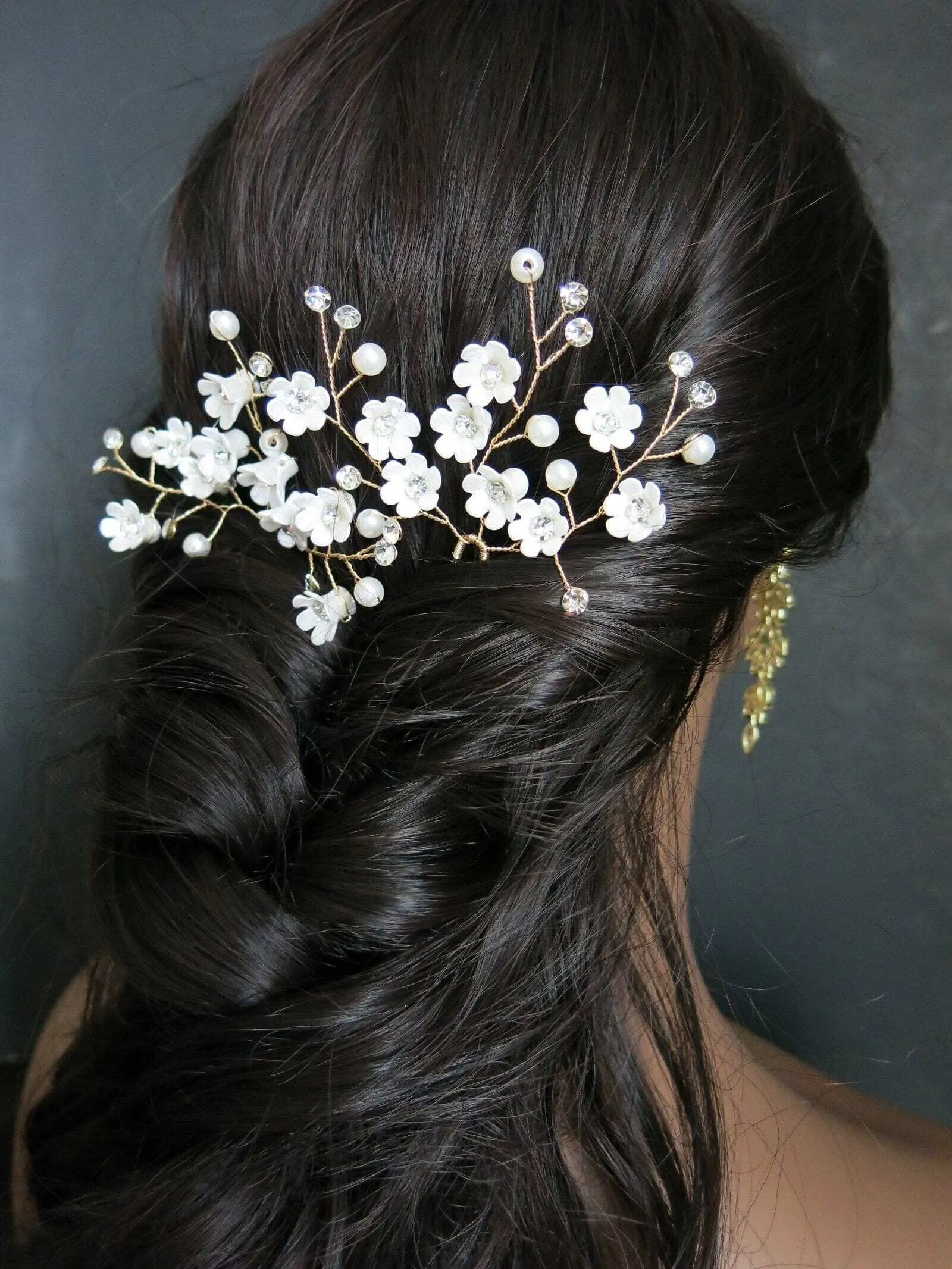 Abalone Like Flowers Large Gold Hairpin, Bridal Party Floral Hairpiece, Wedding Small Ivory Flower Hair Pin, Branch Wire Hairpin