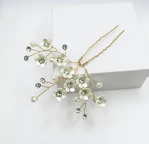 Abalone Like Flowers Large Gold Hairpin, Bridal Party Floral Hairpiece, Wedding Small Ivory Flower Hair Pin, Branch Wire Hairpin