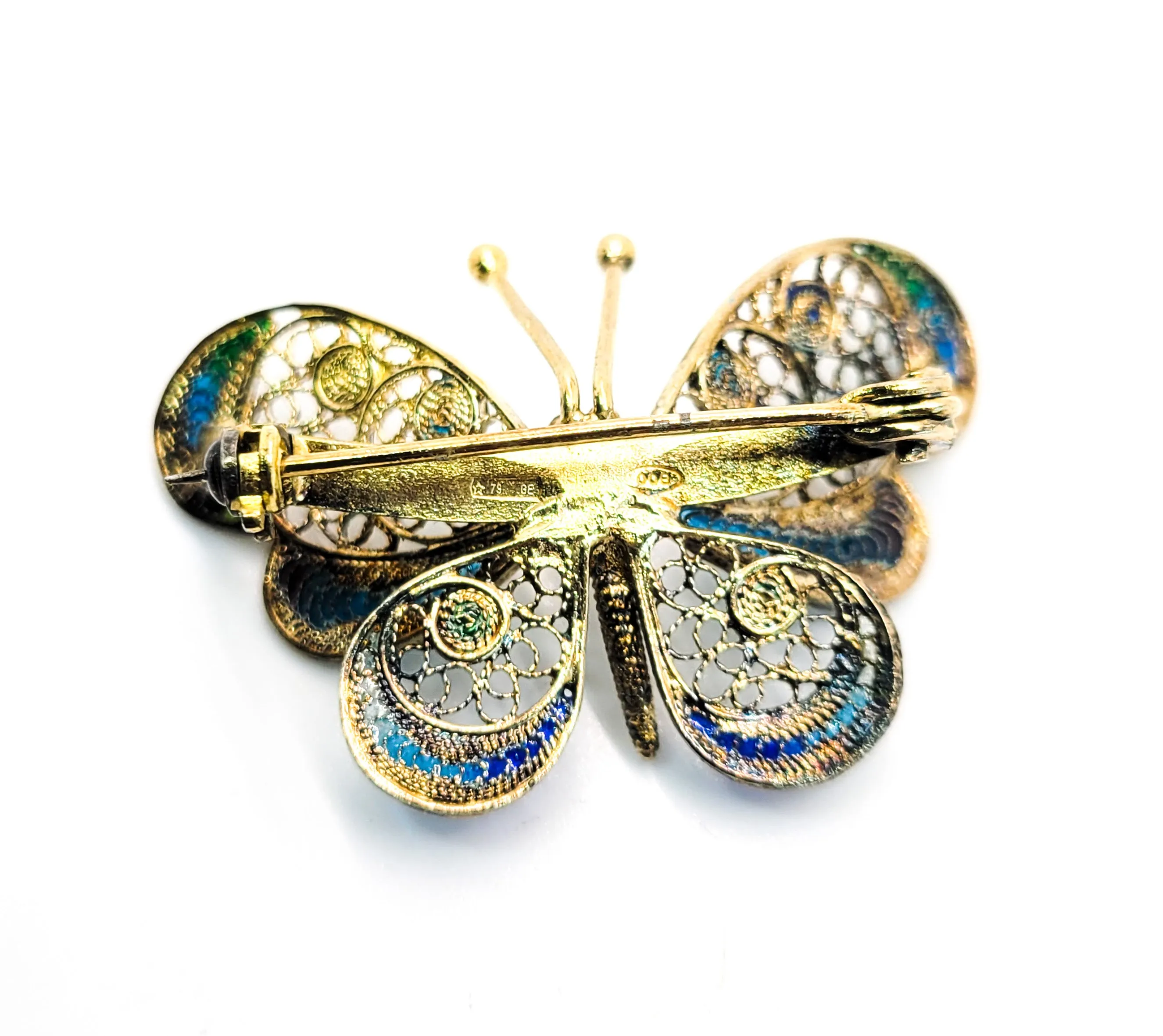ALIOTO ADRIANA filigree gold gilt enamel signed vintage butterfly brooch Italian