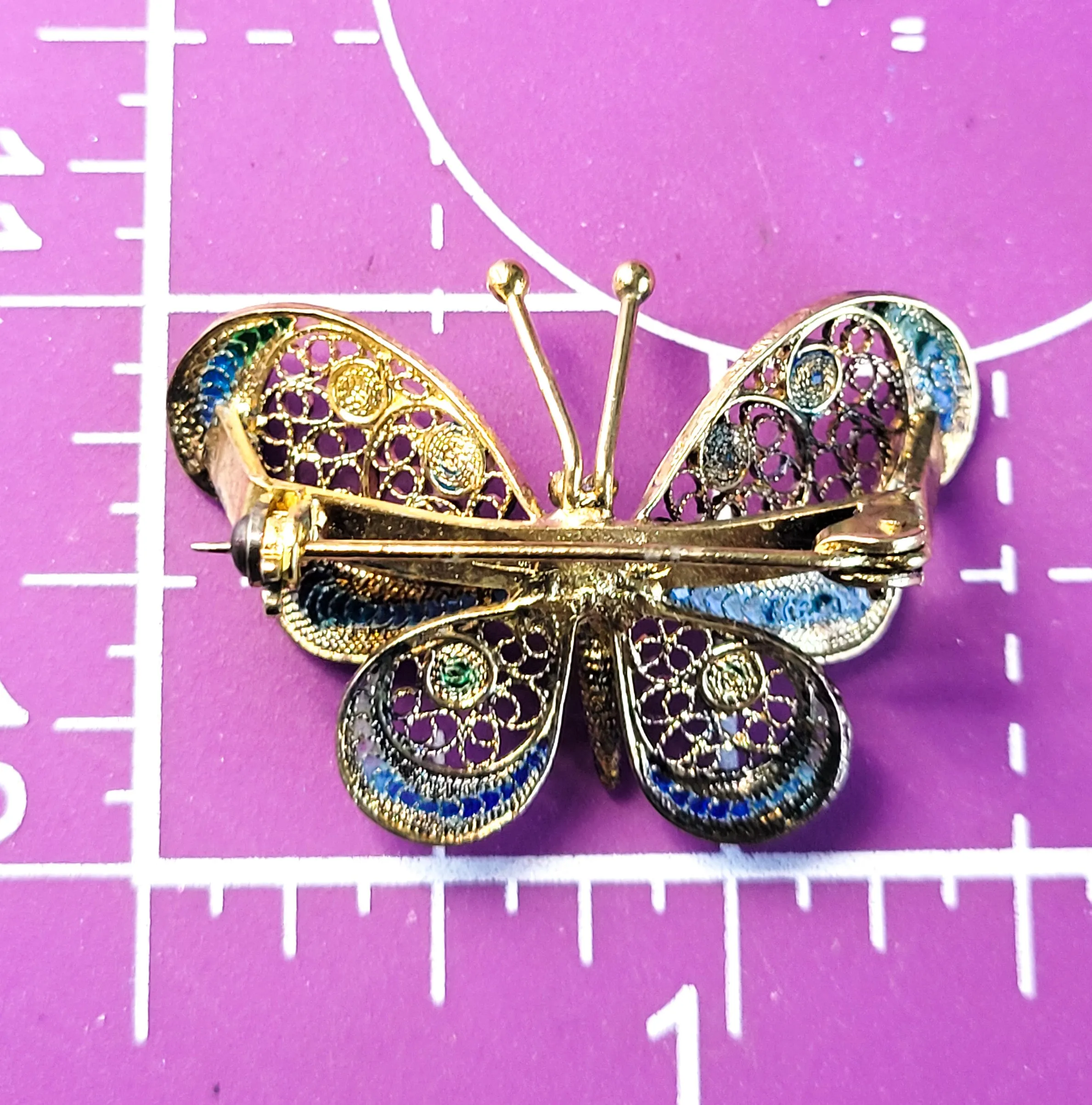 ALIOTO ADRIANA filigree gold gilt enamel signed vintage butterfly brooch Italian