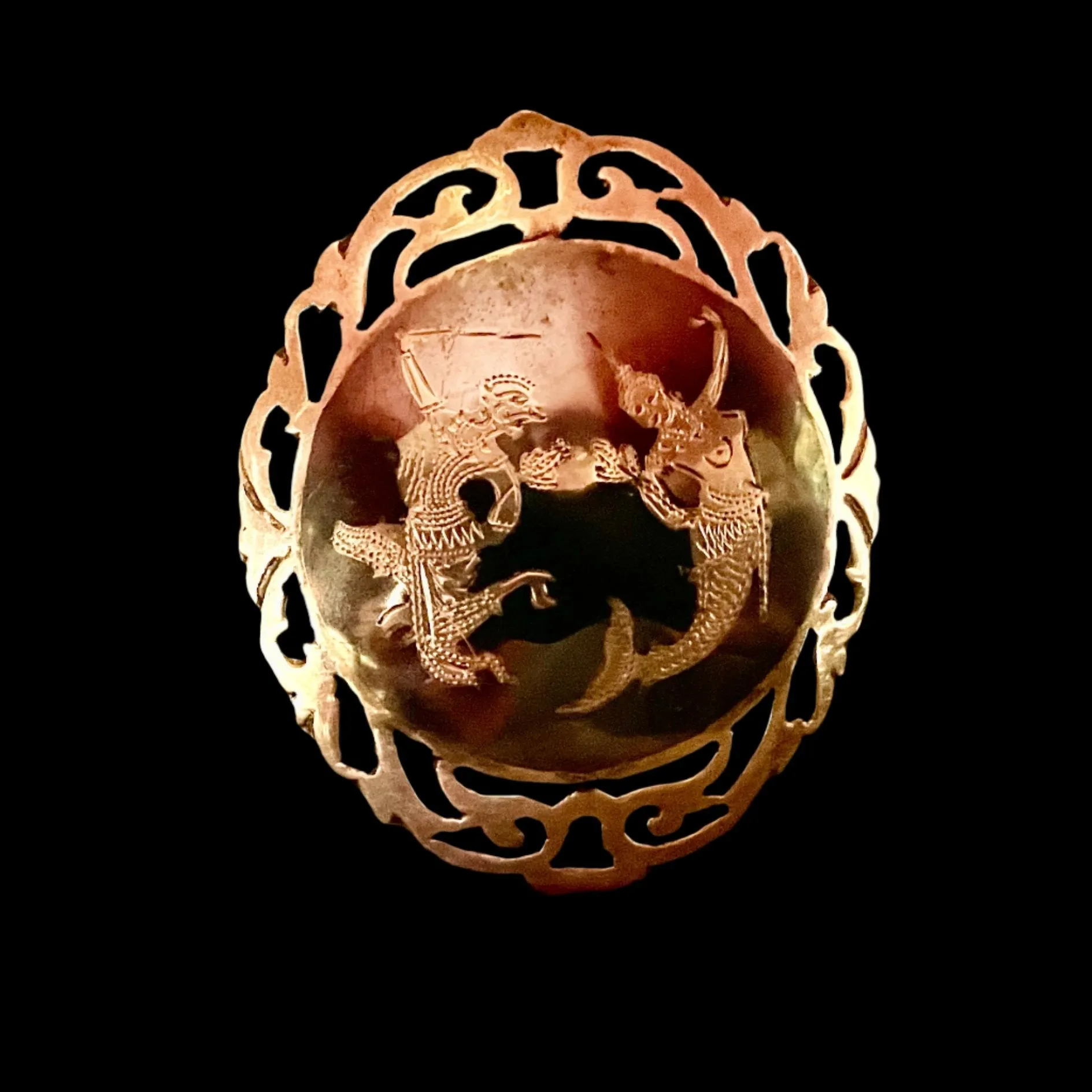 Antique Asian Pendant Made From A Pin. Very Old Silver with unusual Enamel Work Mermaid Goddess In Battle