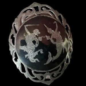 Antique Asian Pendant Made From A Pin. Very Old Silver with unusual Enamel Work Mermaid Goddess In Battle