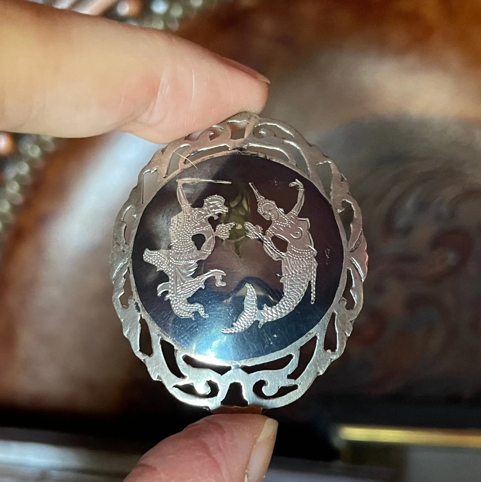 Antique Asian Pendant Made From A Pin. Very Old Silver with unusual Enamel Work Mermaid Goddess In Battle