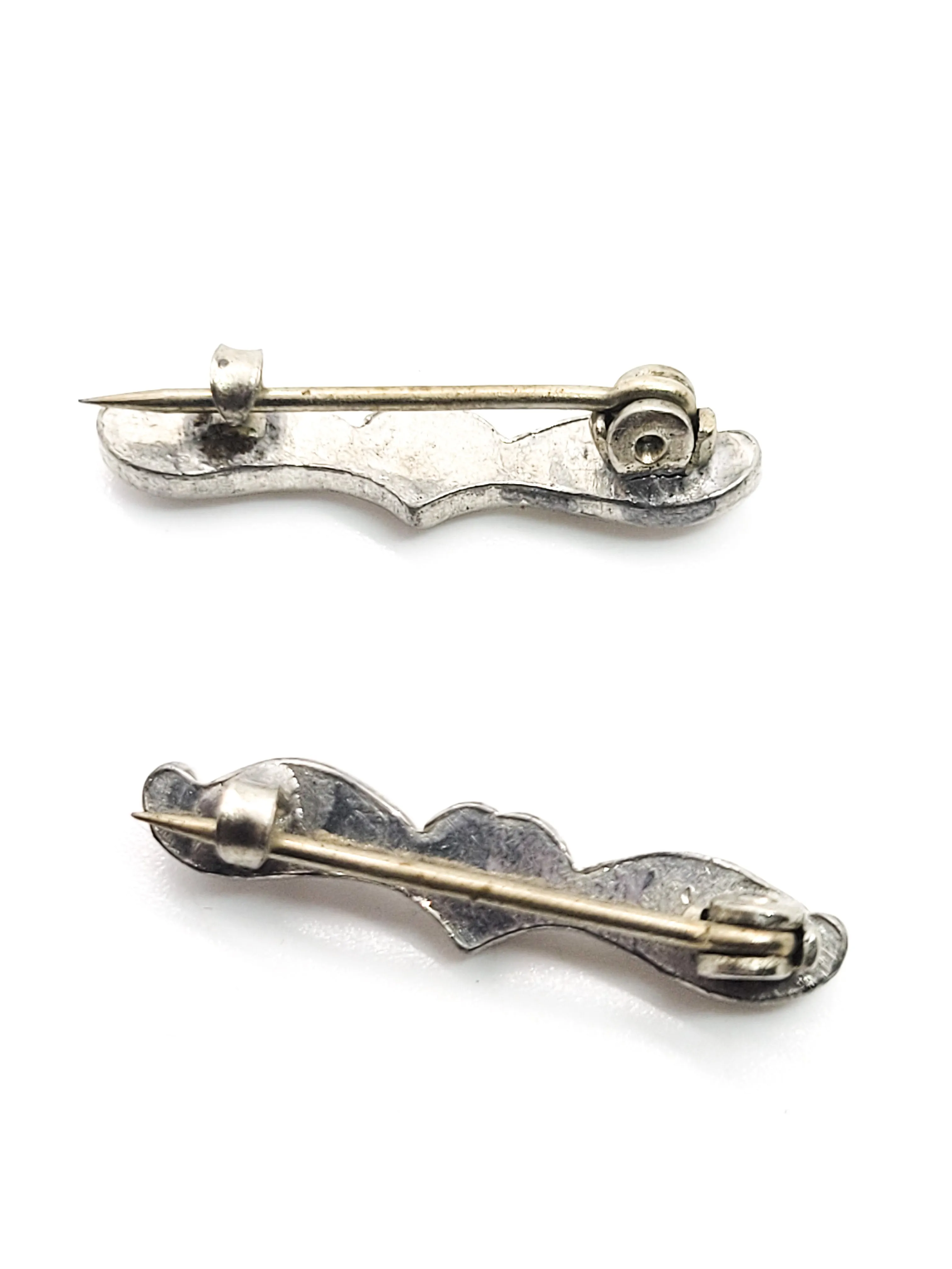 Antique pot metal heart clear rhinestone lingerie pins matching pair set