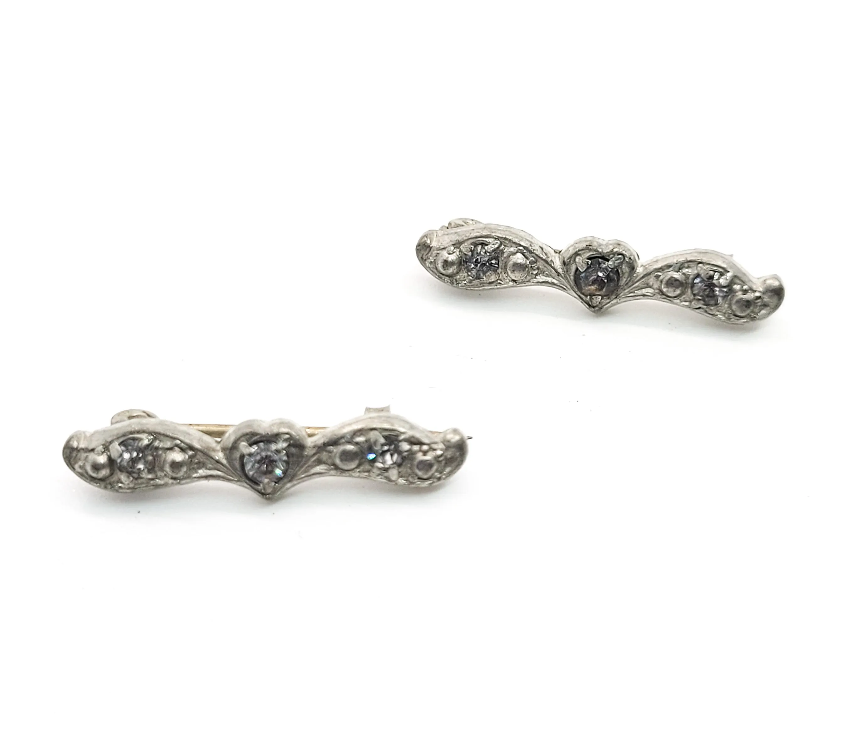 Antique pot metal heart clear rhinestone lingerie pins matching pair set