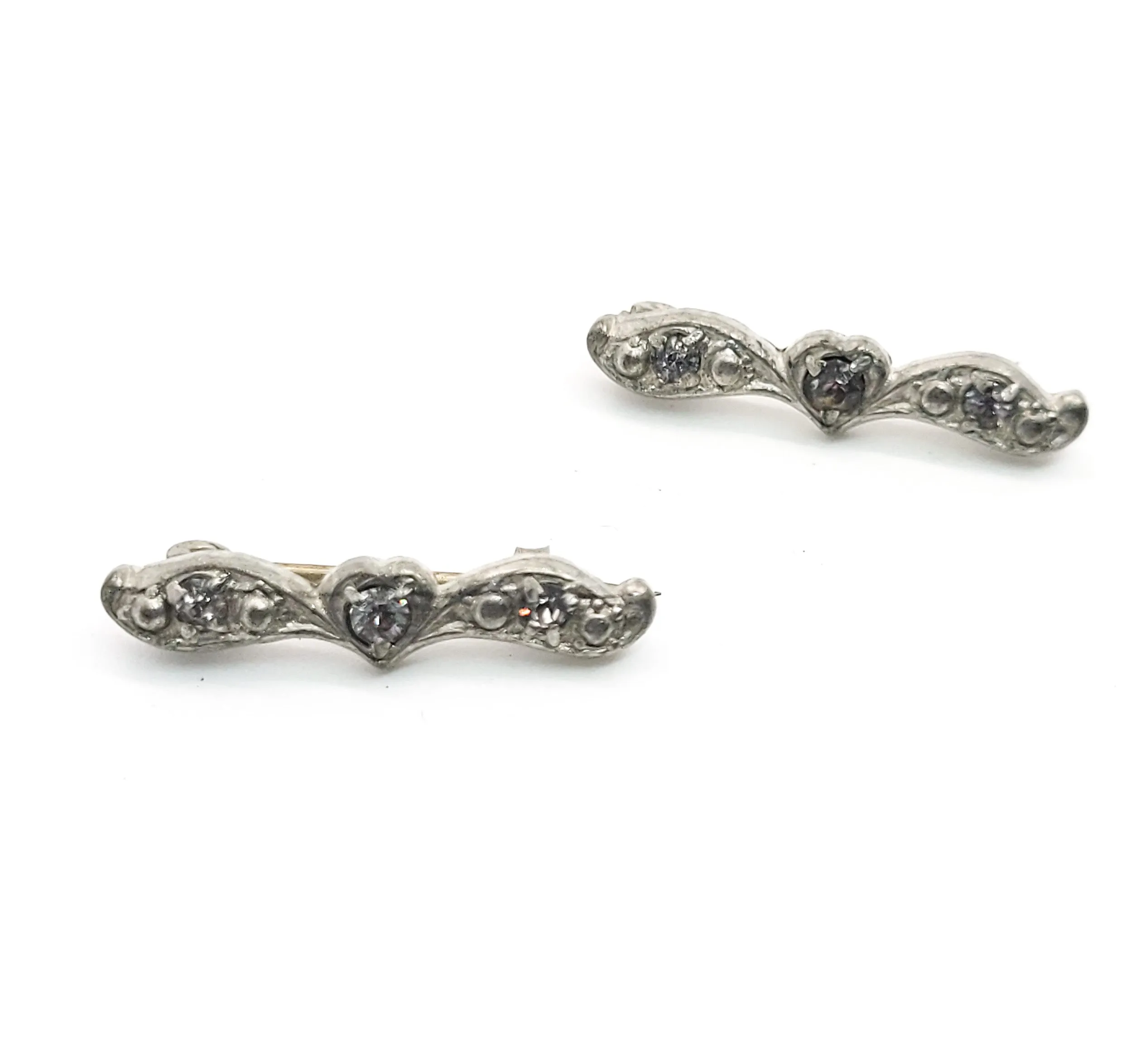 Antique pot metal heart clear rhinestone lingerie pins matching pair set