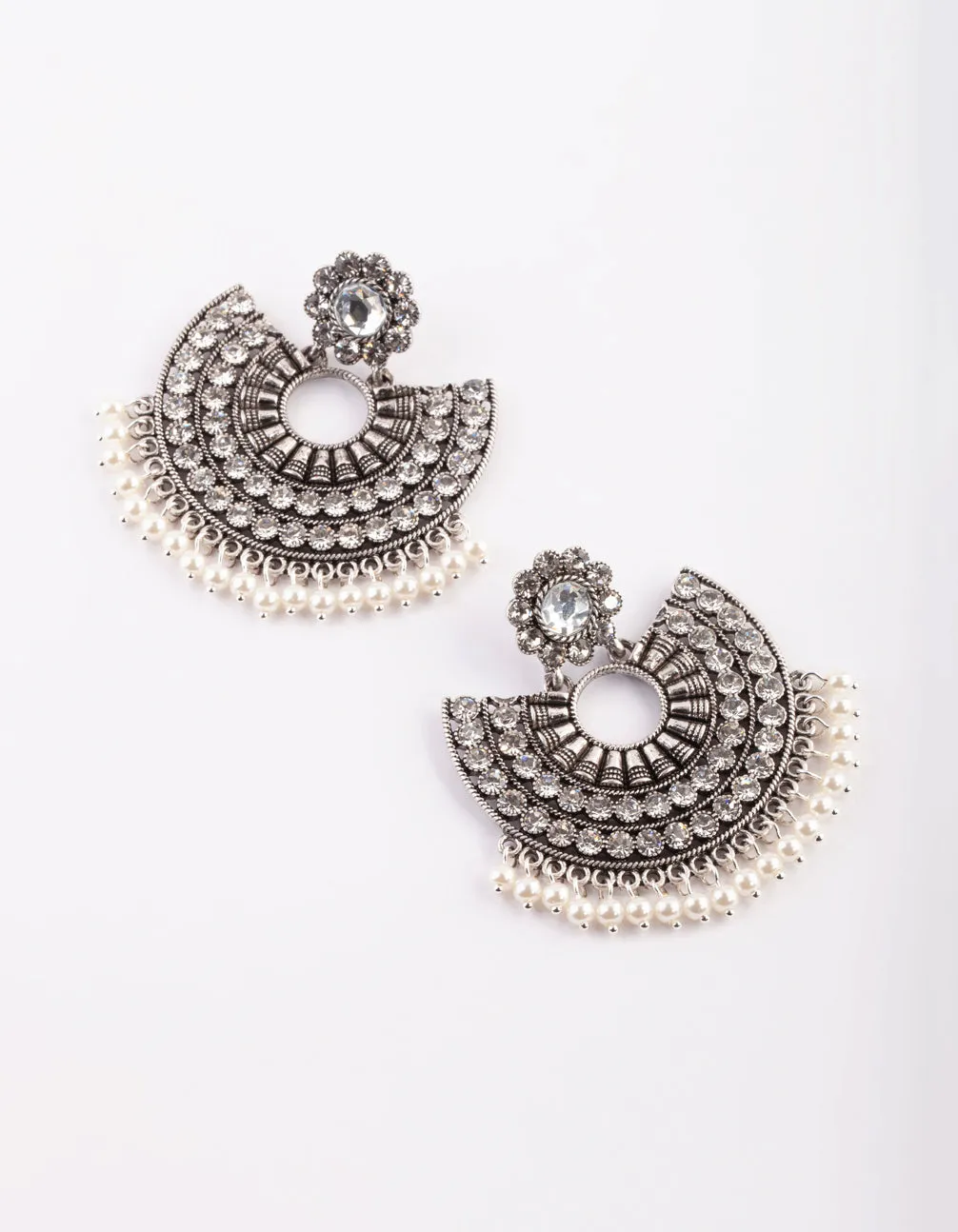 Antique Silver Pearl Bead Chandbali Earrings