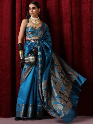 Banarasi Meena Kari Blue Pure Silk Saree with Blouse Fabric