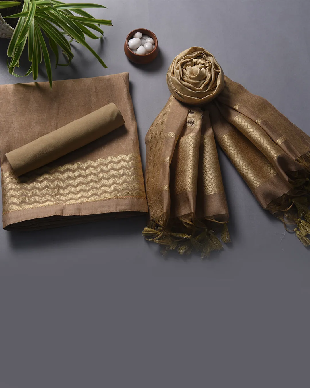 Beige Chanderi Silk Woven Unstitched Suit Fabric Set With Chanderi Silk Dupatta