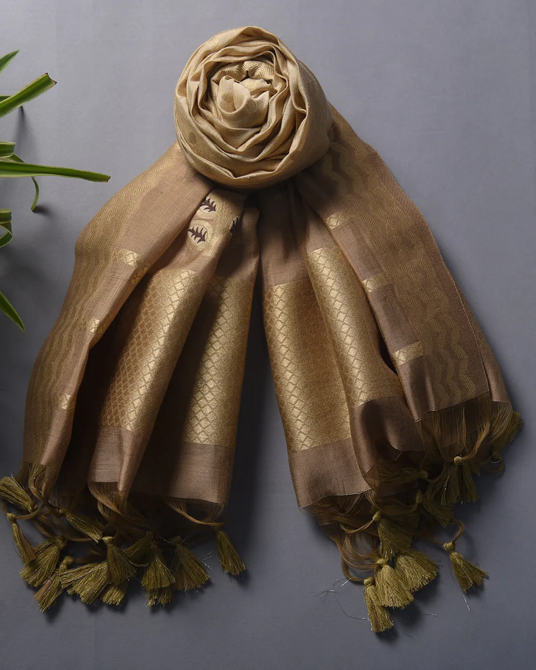 Beige Chanderi Silk Woven Unstitched Suit Fabric Set With Chanderi Silk Dupatta