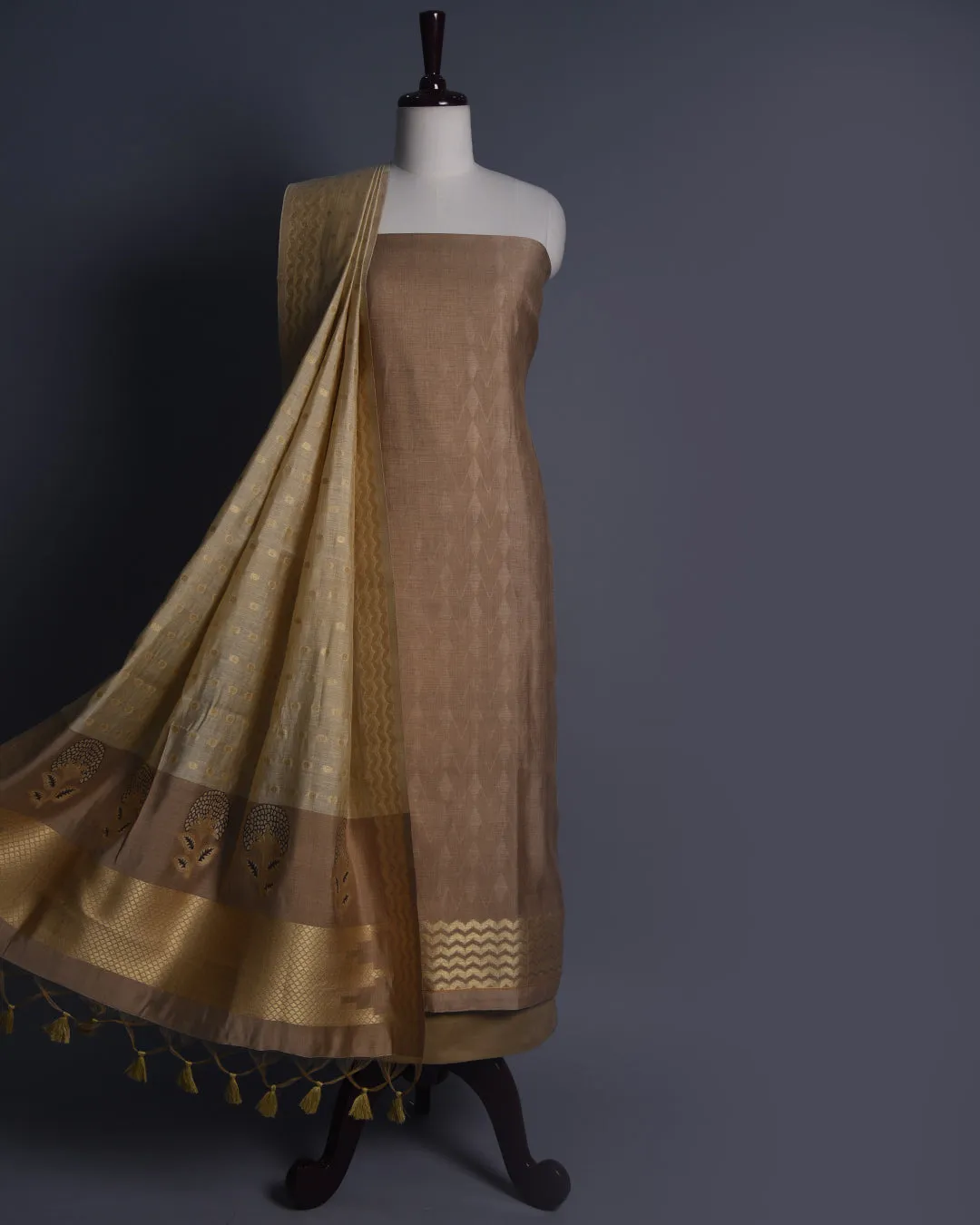 Beige Chanderi Silk Woven Unstitched Suit Fabric Set With Chanderi Silk Dupatta