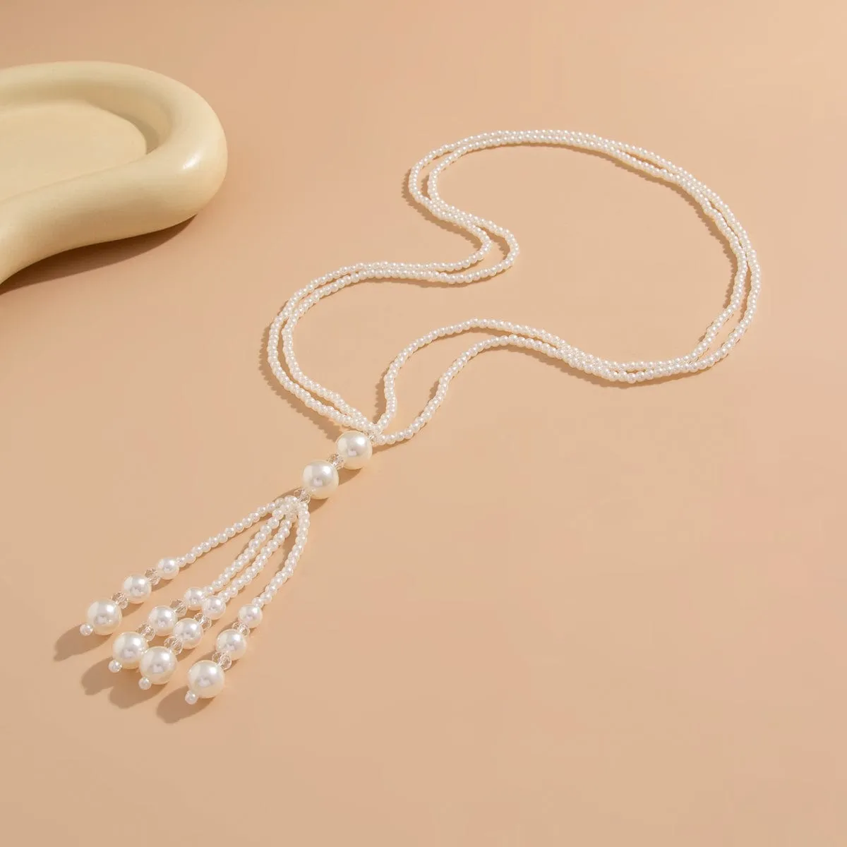 Bohemia Pearl Crystal Tassel Long Chain Y Necklace