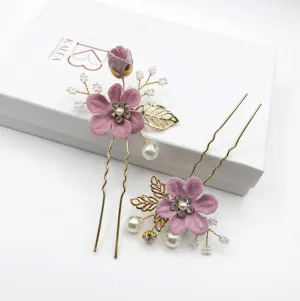 Bridal Lilac Flower 2 PC Hairpin Set, Wedding Velvet Fabric Lavender Hair Pins, Bridesmaid Purple Flower Hairpin Set