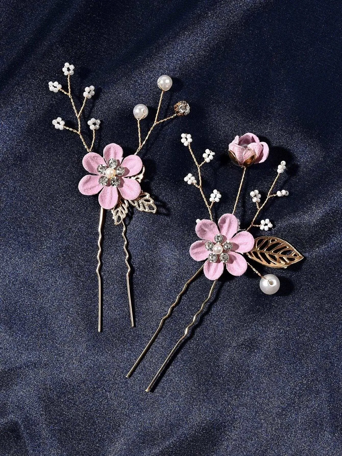 Bridal Lilac Flower 2 PC Hairpin Set, Wedding Velvet Fabric Lavender Hair Pins, Bridesmaid Purple Flower Hairpin Set