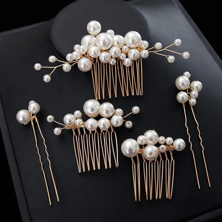 Bridal Pearl Cluster Hair Combs, Wedding Pearl Hair Pieces, Pearl Hair Combs and Hair Pin Set, Bridesmaid Pearl Hairpieces