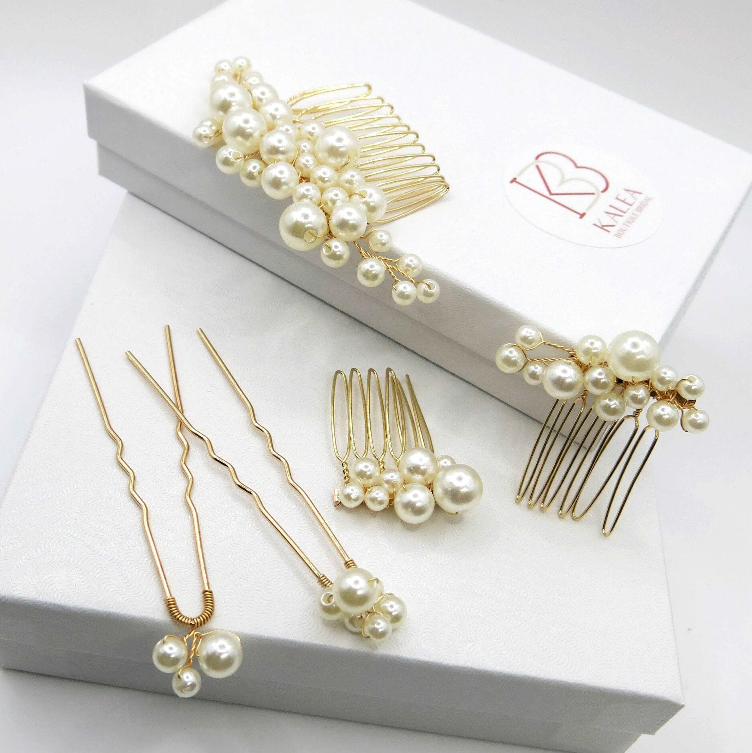 Bridal Pearl Cluster Hair Combs, Wedding Pearl Hair Pieces, Pearl Hair Combs and Hair Pin Set, Bridesmaid Pearl Hairpieces