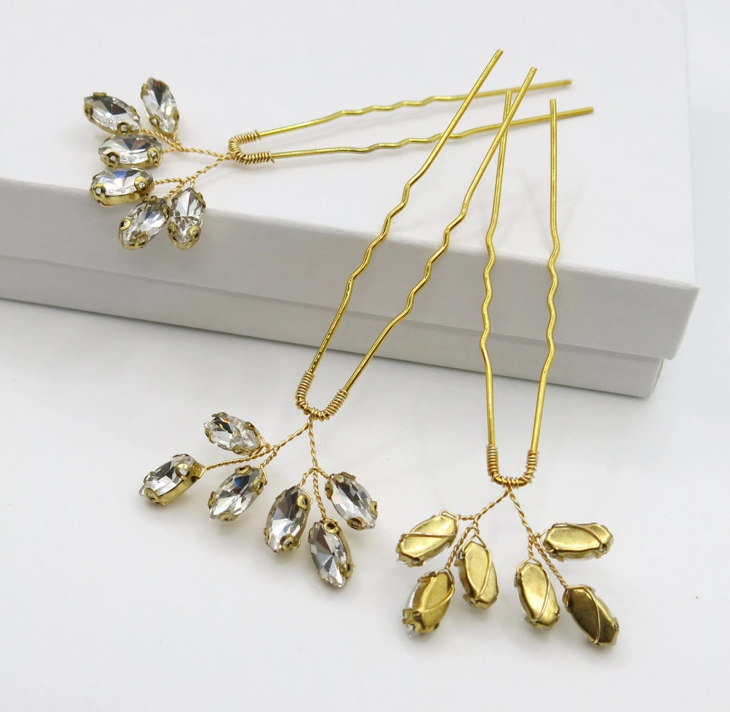 Bridal Rhinestone Crystal 3 PC Hairpin Set, Wedding Gem Floral Gold Hair Pin Headpiece, Bridesmaid Crystal Gold Wire Hairpiece 3 PC Set