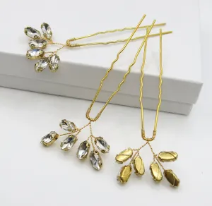Bridal Rhinestone Crystal 3 PC Hairpin Set, Wedding Gem Floral Gold Hair Pin Headpiece, Bridesmaid Crystal Gold Wire Hairpiece 3 PC Set