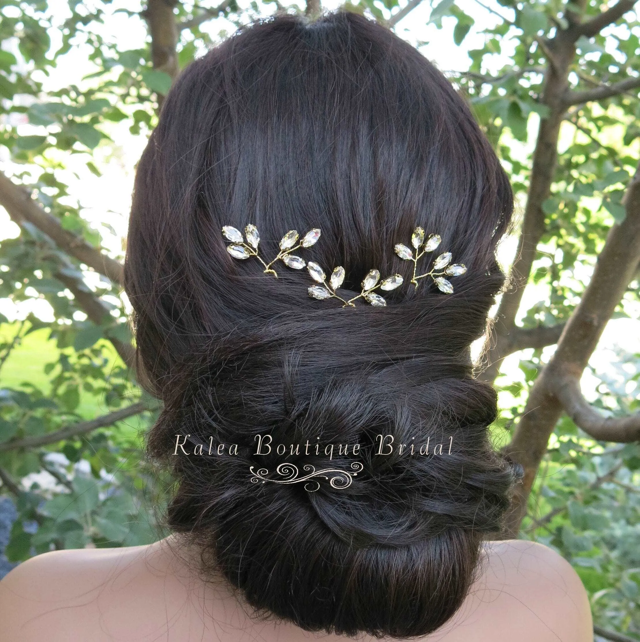 Bridal Rhinestone Crystal 3 PC Hairpin Set, Wedding Gem Floral Gold Hair Pin Headpiece, Bridesmaid Crystal Gold Wire Hairpiece 3 PC Set