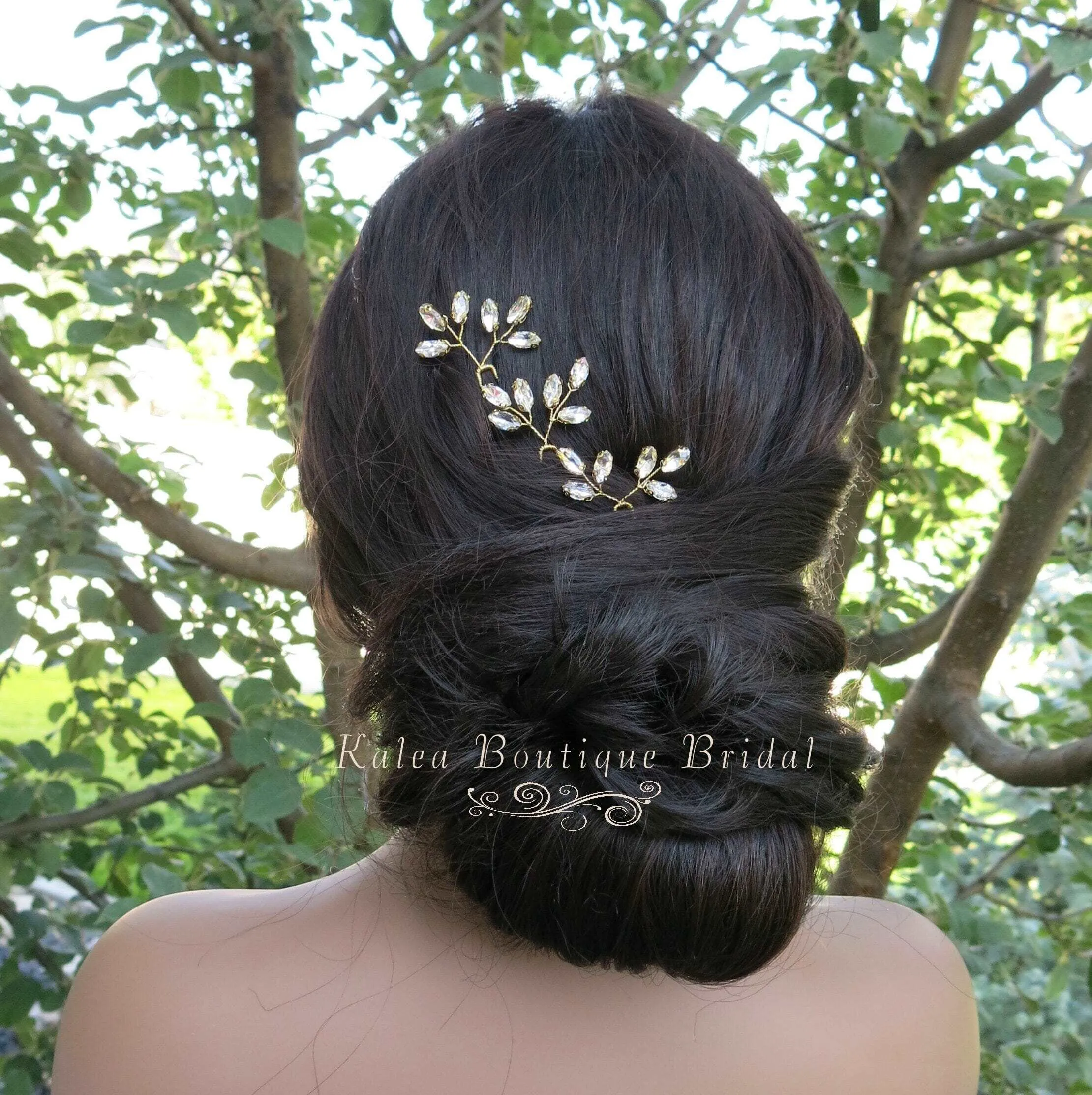 Bridal Rhinestone Crystal 3 PC Hairpin Set, Wedding Gem Floral Gold Hair Pin Headpiece, Bridesmaid Crystal Gold Wire Hairpiece 3 PC Set