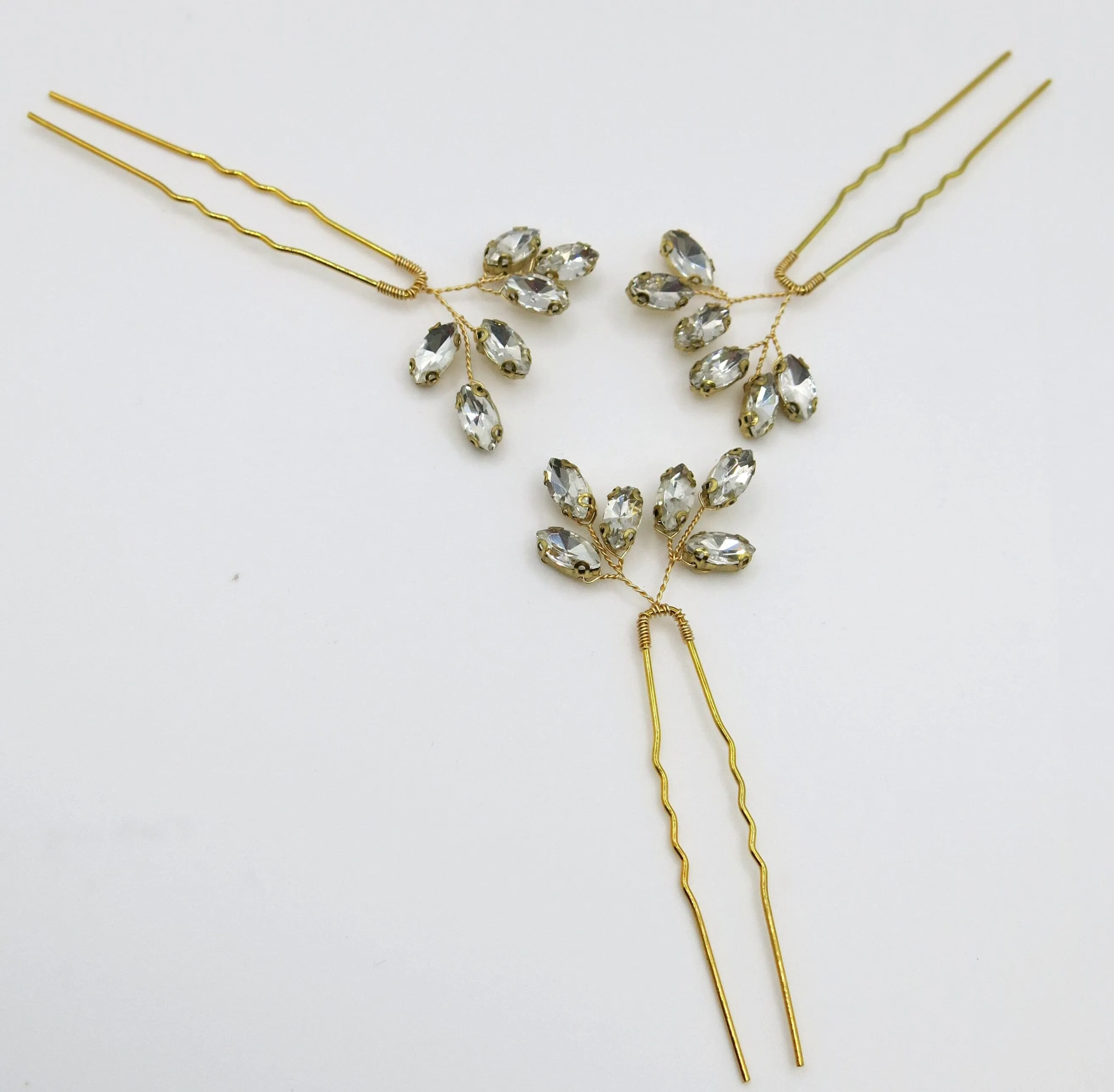 Bridal Rhinestone Crystal 3 PC Hairpin Set, Wedding Gem Floral Gold Hair Pin Headpiece, Bridesmaid Crystal Gold Wire Hairpiece 3 PC Set