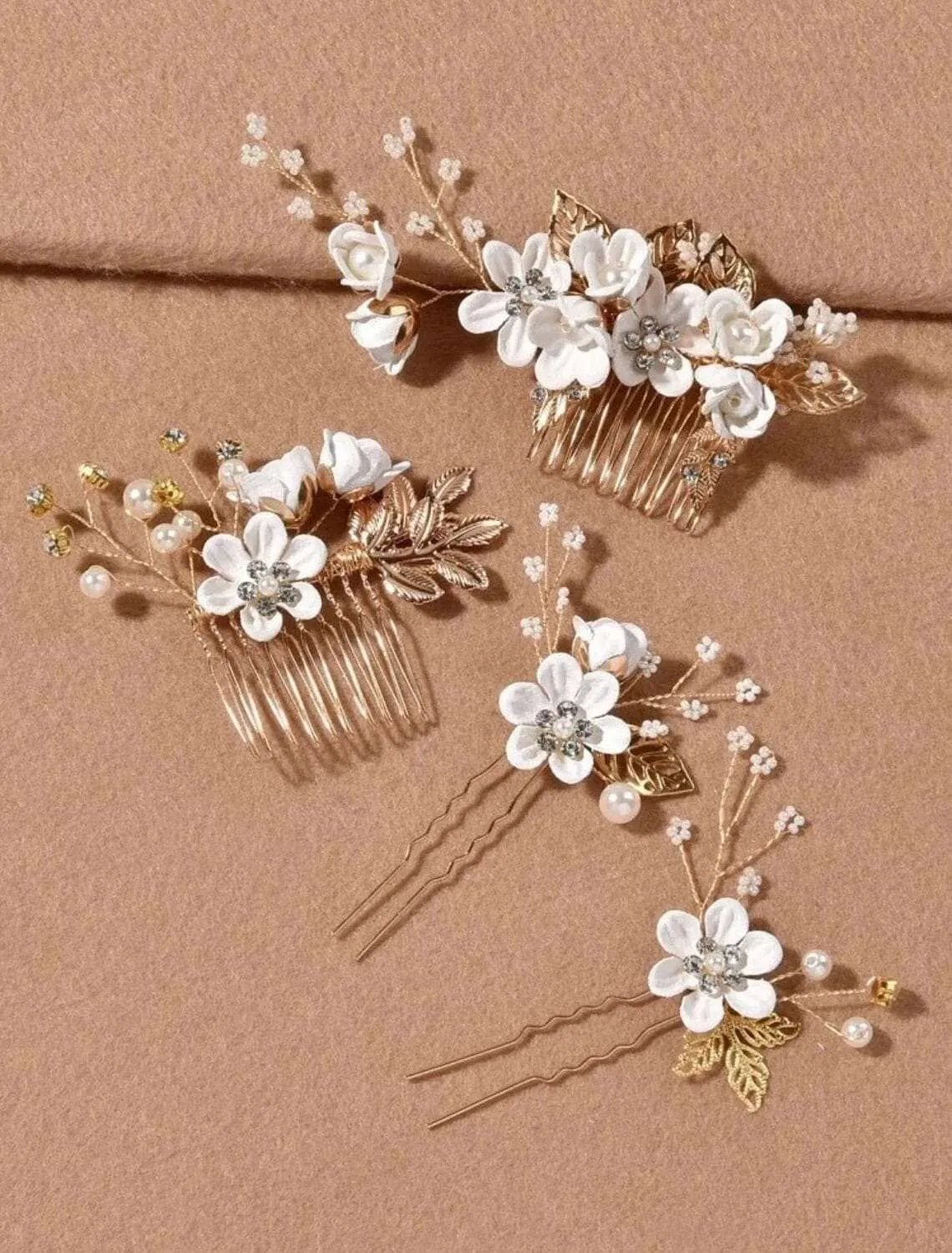 Bridal White Flower 2 PC Hairpin Set, Wedding Fabric Hair Pins, Floral Pearl Wire Hairpiece, Bridesmaid Silk Flower Hairpin 2 PC Set