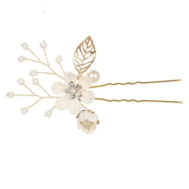 Bridal White Flower 2 PC Hairpin Set, Wedding Fabric Hair Pins, Floral Pearl Wire Hairpiece, Bridesmaid Silk Flower Hairpin 2 PC Set