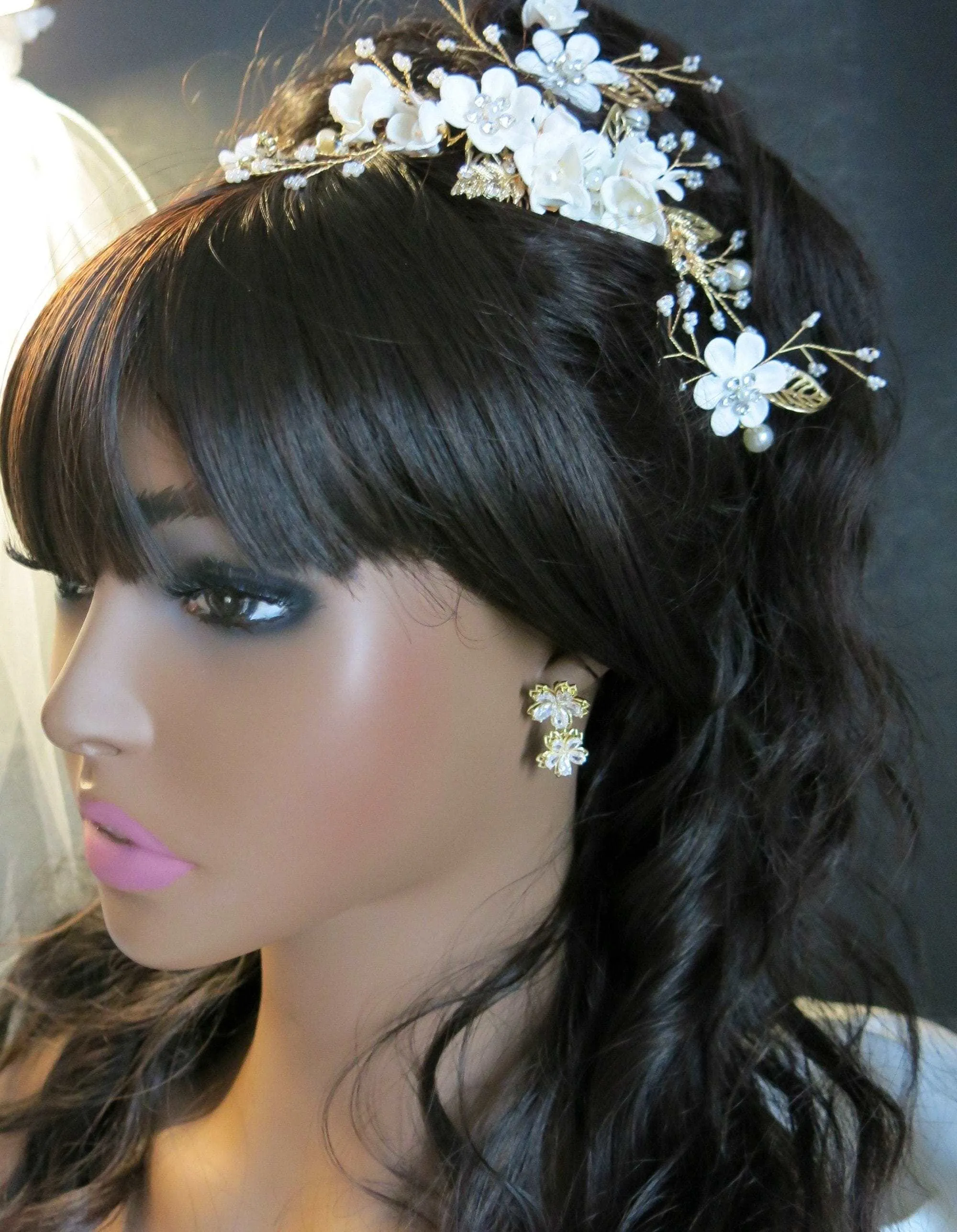 Bridal White Flower 2 PC Hairpin Set, Wedding Fabric Hair Pins, Floral Pearl Wire Hairpiece, Bridesmaid Silk Flower Hairpin 2 PC Set