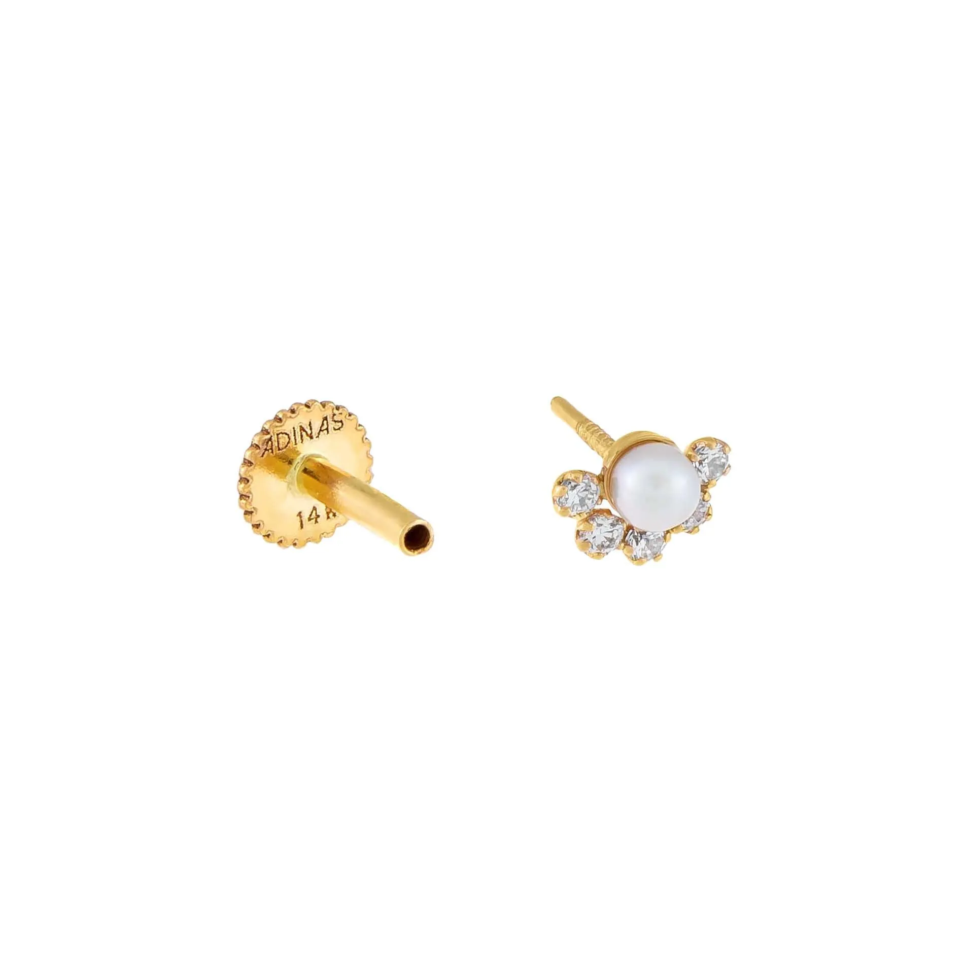 CZ Pearl Threaded Stud Earring 14K