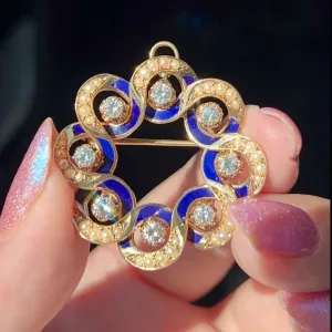 Diamond Enamel Seed Pearl Brooch & Pendant 14k