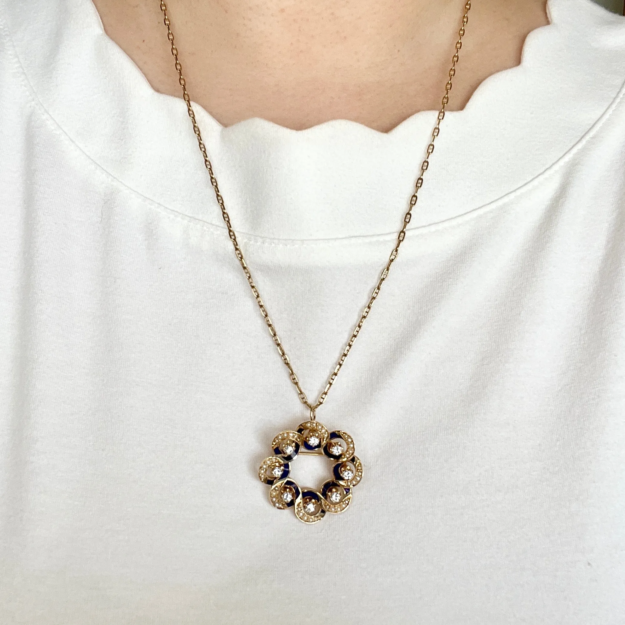 Diamond Enamel Seed Pearl Brooch & Pendant 14k