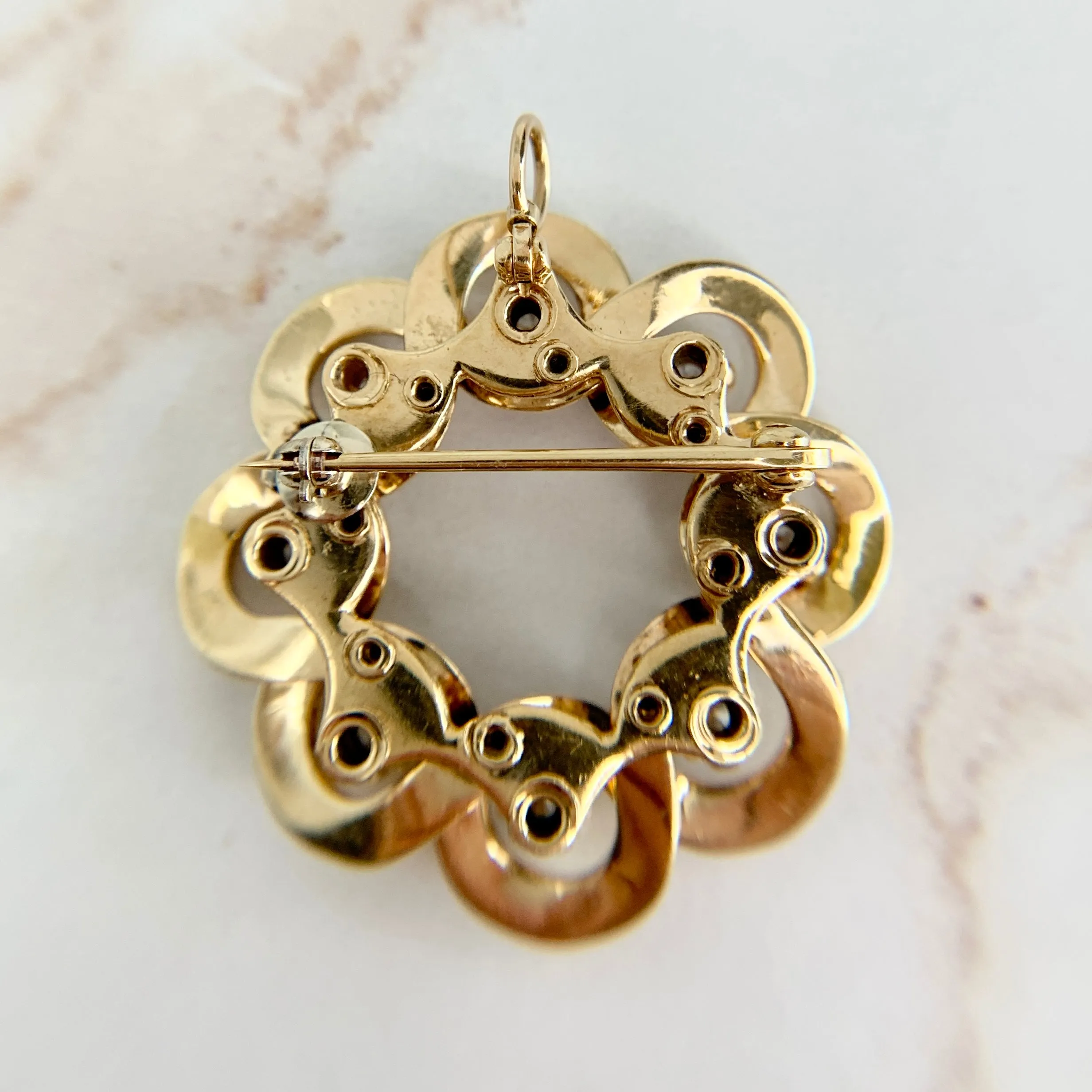 Diamond Enamel Seed Pearl Brooch & Pendant 14k