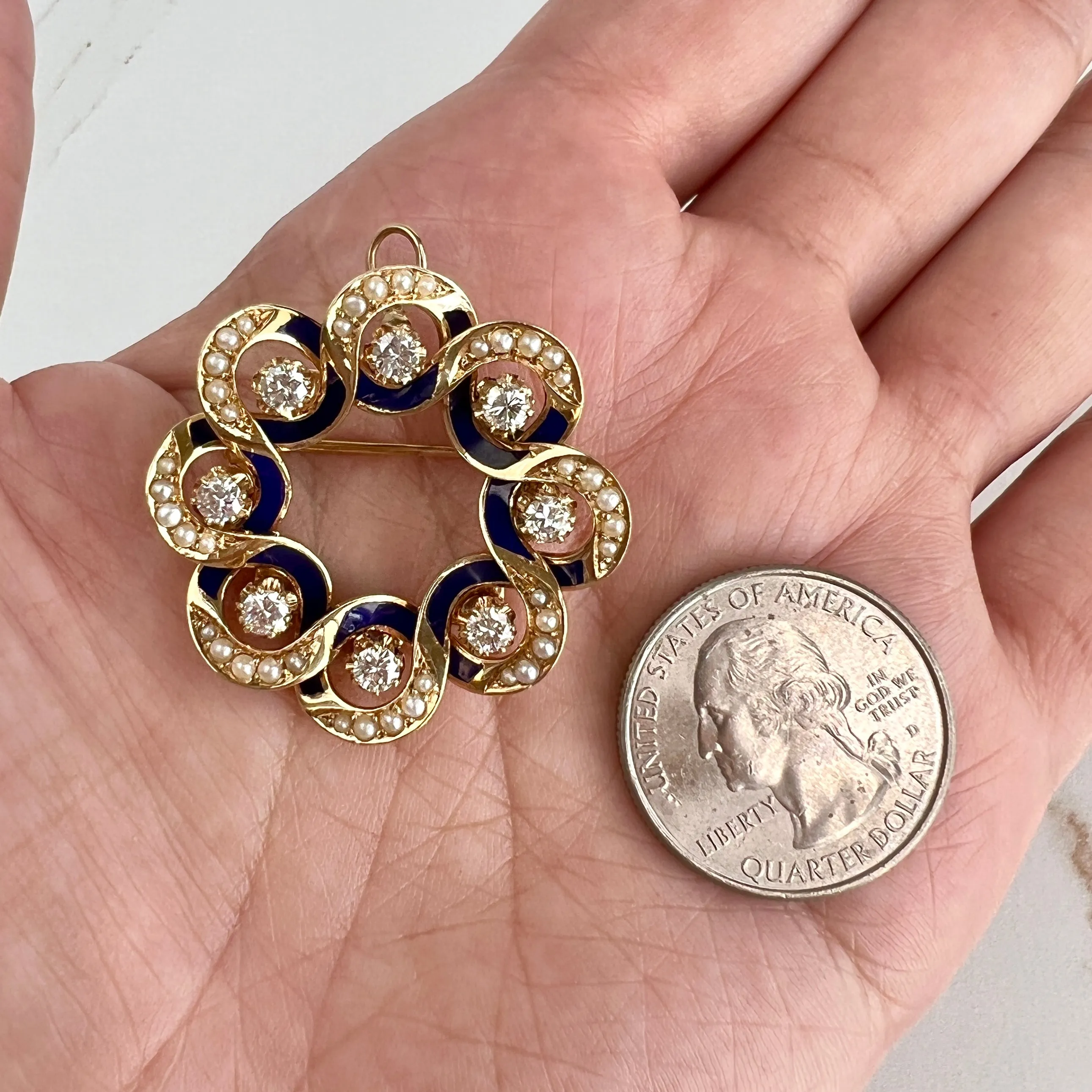 Diamond Enamel Seed Pearl Brooch & Pendant 14k