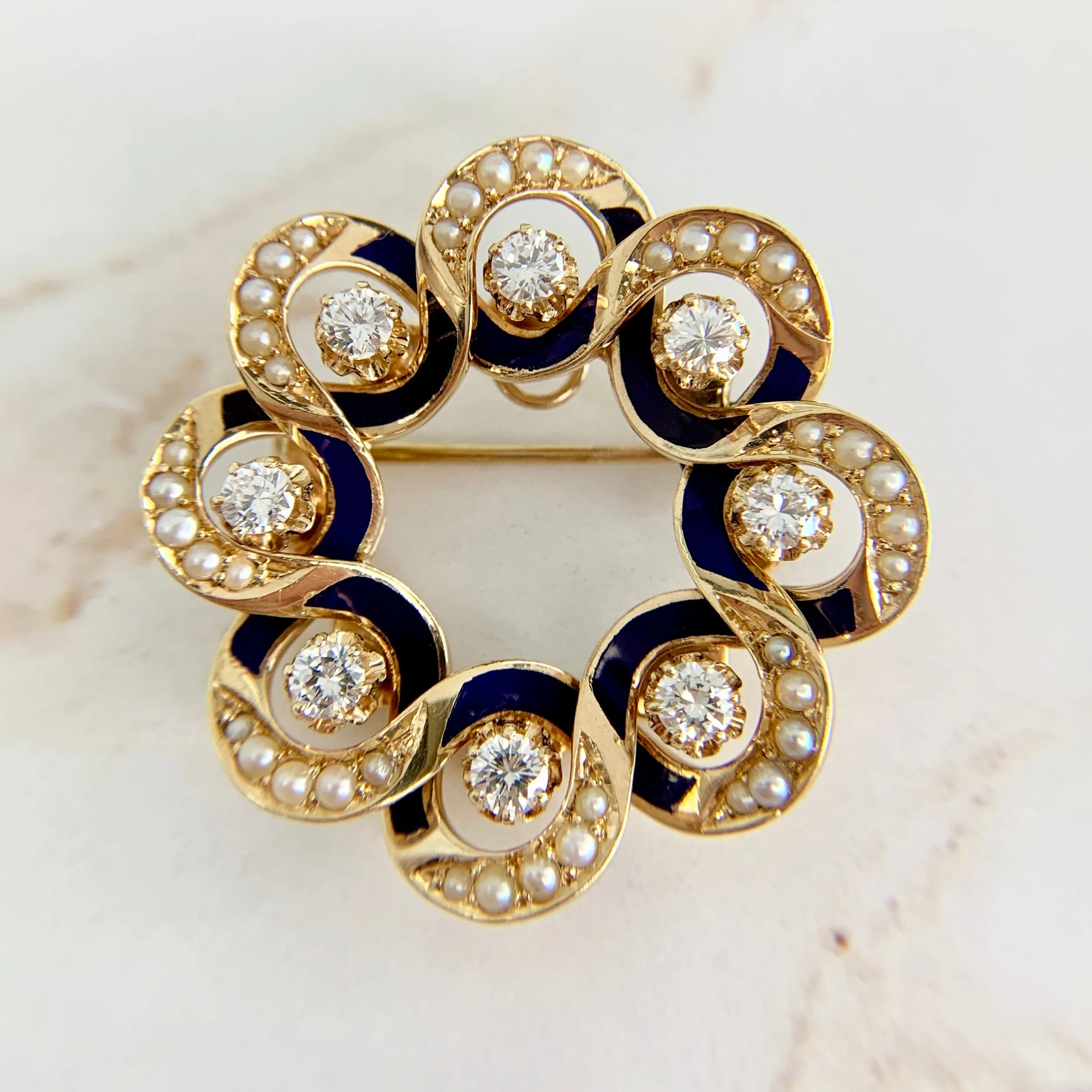 Diamond Enamel Seed Pearl Brooch & Pendant 14k