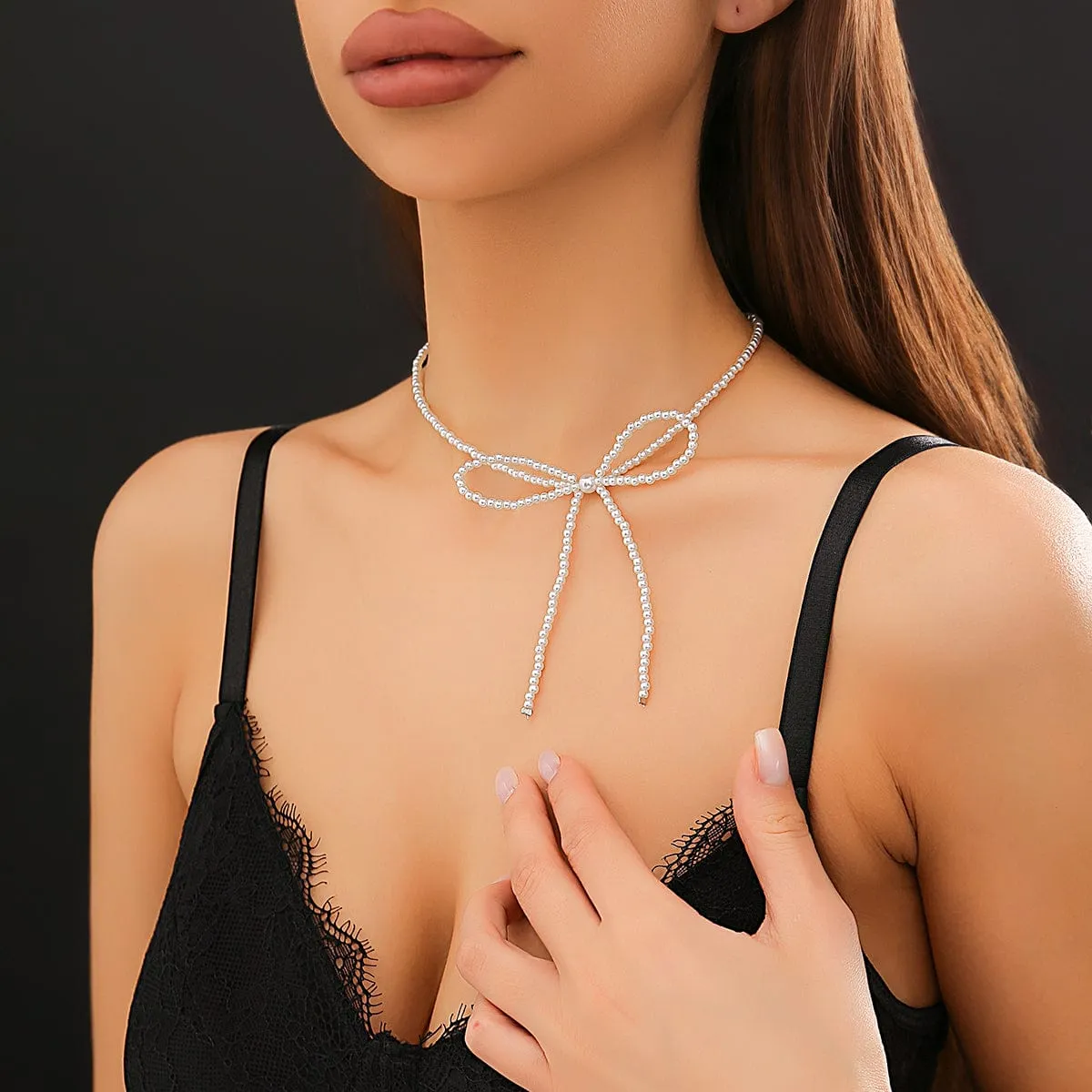 Elegant Bowknot Seed Bead Pearl Chain Choker Necklace