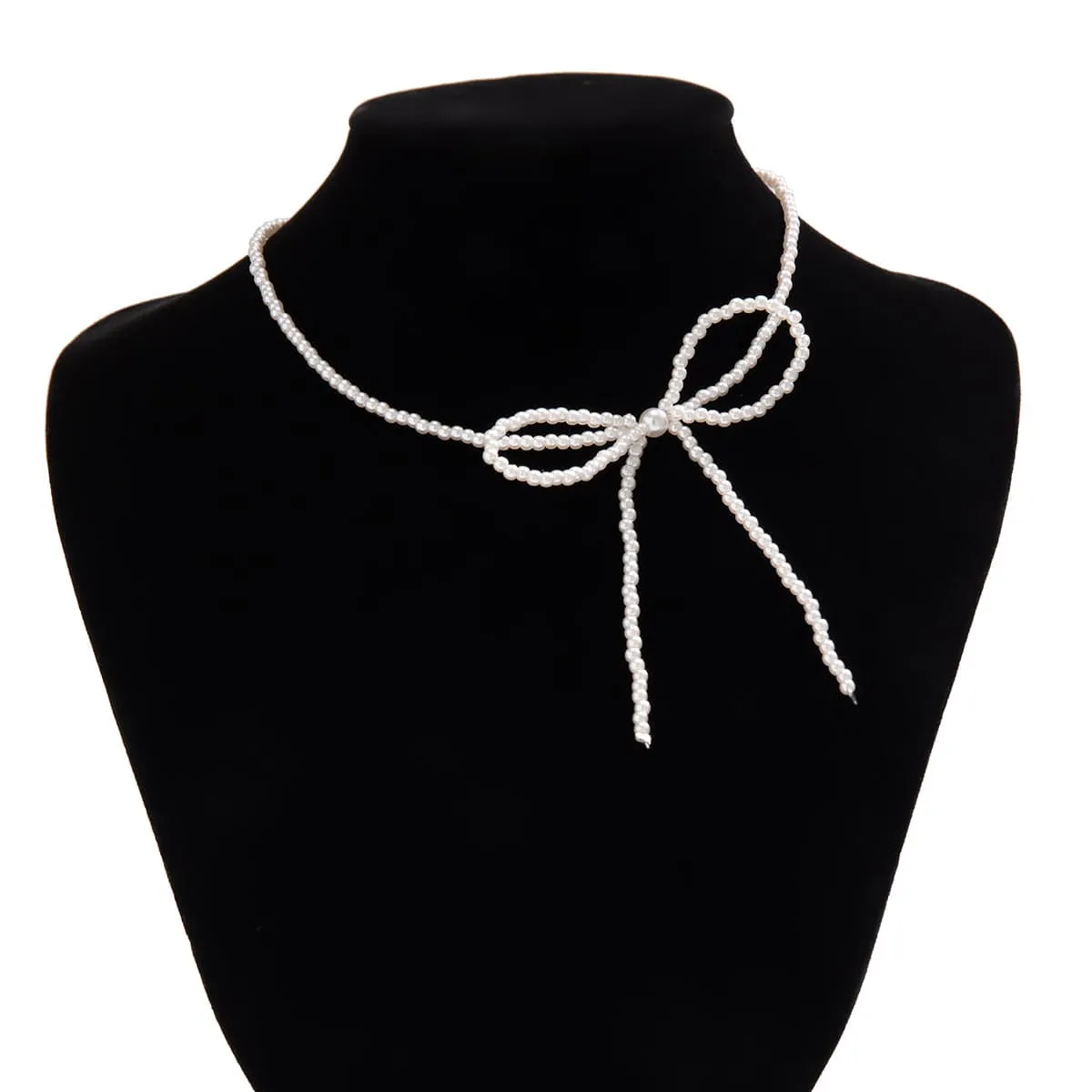 Elegant Bowknot Seed Bead Pearl Chain Choker Necklace