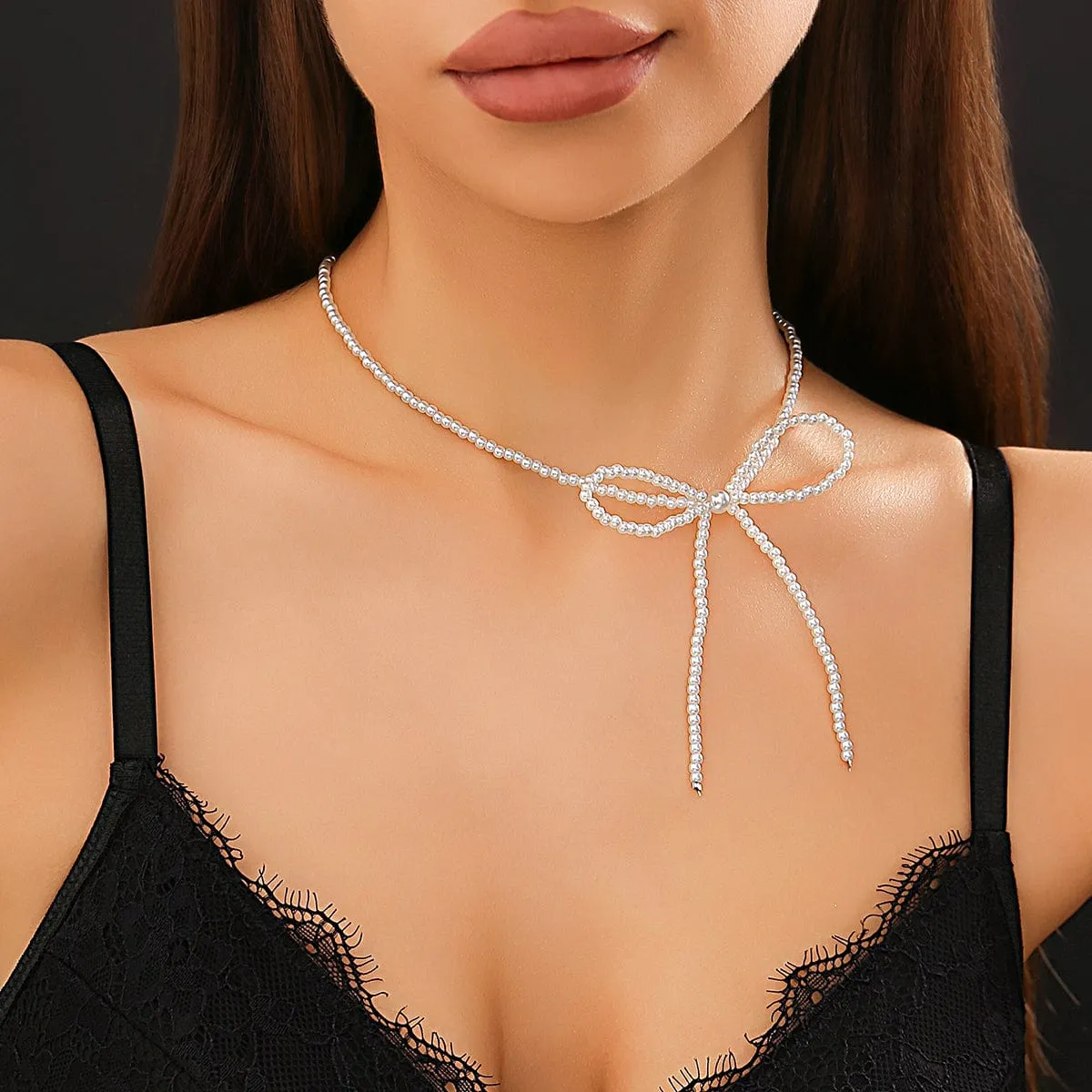 Elegant Bowknot Seed Bead Pearl Chain Choker Necklace