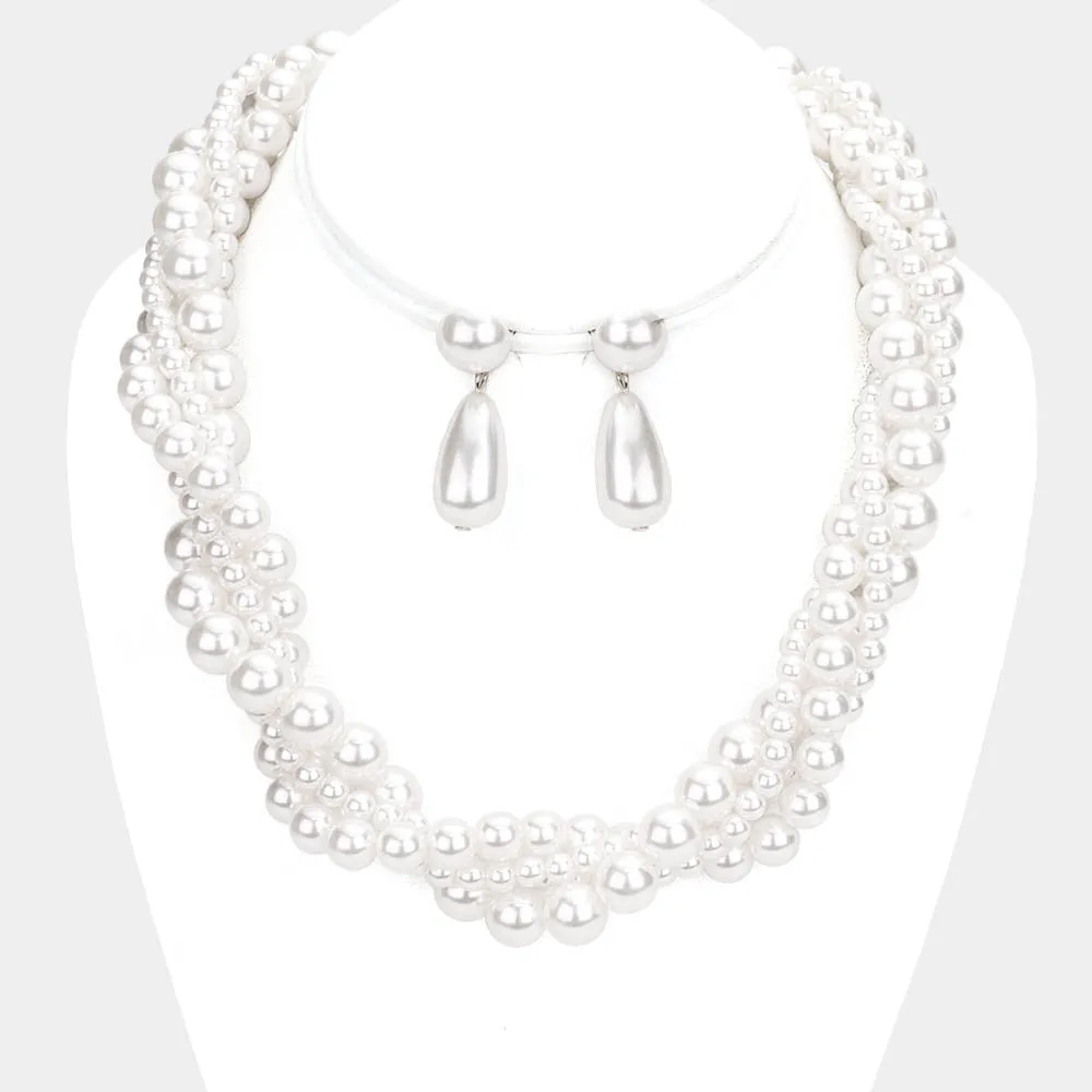 Elegant Embellished White Pearl Bridal Necklace Set | 448146